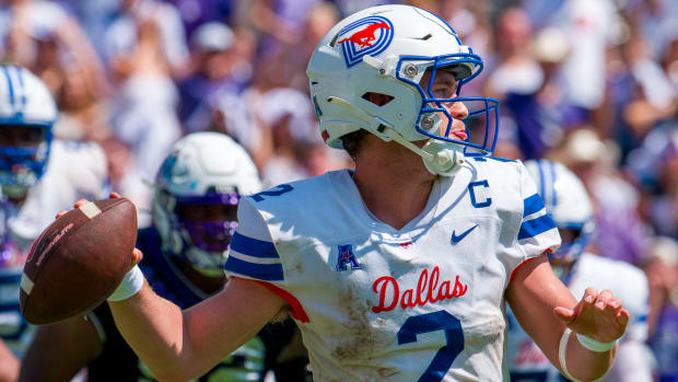 SMU quarterback Preston Stone delivers a pass against TCU on Saturday afternoon